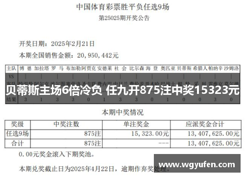 贝蒂斯主场6倍冷负 任九开875注中奖15323元